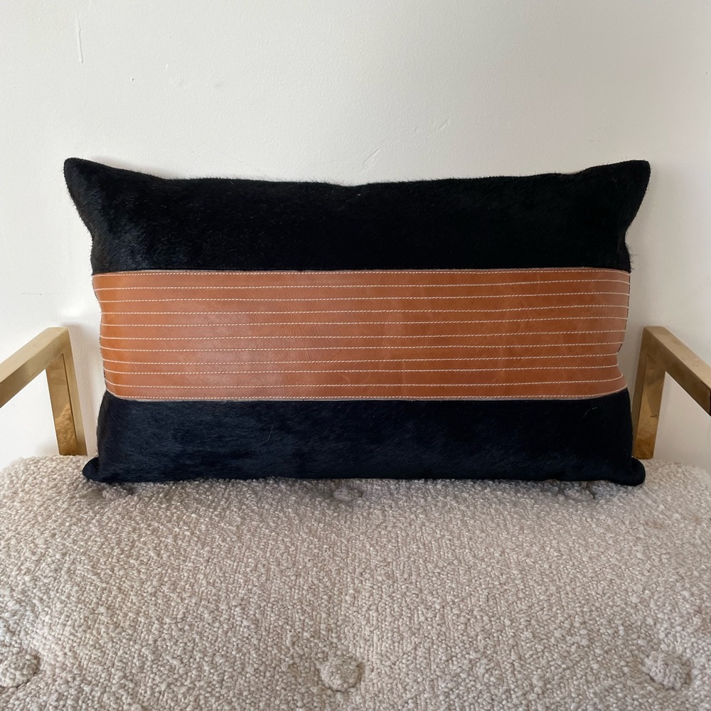 KRAVET black hair on hide with leather trim, 19x11 Chic Black and Brown Pillow
